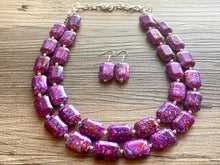 Load image into Gallery viewer, Paint splatter pink Necklace, 2 Strand Statement Jewelry, Purple Chunky bib bridesmaid everyday bubble jewelry earrings, yellow geometric