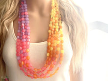 Load image into Gallery viewer, Extra Long Island Summer Sunset Beaded Statement Necklace, beaded jewelry, earrings chunky bib coral yellow orange blush pink purple collar