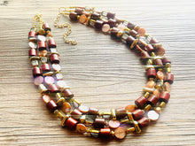 Load image into Gallery viewer, Brown Shell 3 strand statement Necklace, wood Beaded Necklace, summer gold jewelry, triple strand faceted bubble necklace neutral