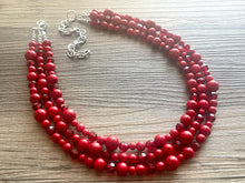 Load image into Gallery viewer, Red BeJeweled Statement Necklace, Chunky 3 Strand Jewelry, silver red necklace, red bib beaded necklace thick collar bead metal crackle
