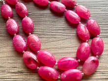 Load image into Gallery viewer, Big Bead pink Necklace, 2 Strand Statement Jewelry, magenta pink Chunky bib bridesmaid, hot pink jewelry, dark pink necklace earring set