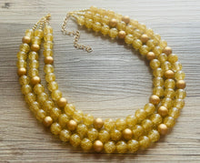 Load image into Gallery viewer, Gold Glitter Statement Necklace, Chunky three Strand Jewelry, gold necklace, COLOR BLOCK, bib necklace, resin beaded gold earrings