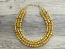 Load image into Gallery viewer, Gold Glitter Statement Necklace, Chunky three Strand Jewelry, gold necklace, COLOR BLOCK, bib necklace, resin beaded gold earrings