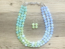 Load image into Gallery viewer, Rainforest Island Sunset Beaded Statement Necklace, beaded jewelry, earrings chunky bib 3 strand lime emerald periwinkle sky blue collar