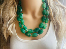Load image into Gallery viewer, Jalapeño green Statement Necklace & Earrings, emerald green jewelry set, dark deep green bib chunky necklace forest resin beaded silver
