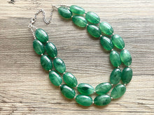 Load image into Gallery viewer, Jalapeño green Statement Necklace & Earrings, emerald green jewelry set, dark deep green bib chunky necklace forest resin beaded silver