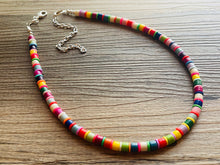 Load image into Gallery viewer, Rainbow Statement Necklace, candy chunky single strand jewelry, yellow red green sky blue necklace, single strand silver necklace colorful