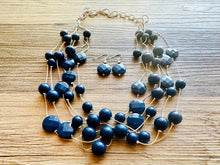 Load image into Gallery viewer, Dark Blue & Silver Chunky Statement Jewelry Set, Big beaded vintage, 6 Strand Illusion Statement Necklace, Bib blue bridesmaid wedding