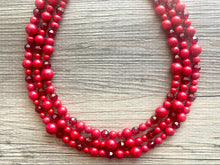 Load image into Gallery viewer, Red BeJeweled Statement Necklace, Chunky 3 Strand Jewelry, silver red necklace, red bib beaded necklace thick collar bead metal crackle