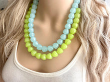 Load image into Gallery viewer, Gumdrop Blue & Green Beaded Necklace, Colorful Chunky statement, 2 strand thick jewelry, rainbow baby confetti earrings apple periwinkle