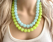 Load image into Gallery viewer, Gumdrop Blue & Green Beaded Necklace, Colorful Chunky statement, 2 strand thick jewelry, rainbow baby confetti earrings apple periwinkle