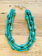 Load image into Gallery viewer, Emerald Green statement necklace, chunky green necklace, 3 strand necklace beaded jewelry everyday necklace COLORBLOCK beaded