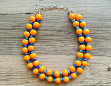 Load image into Gallery viewer, 2 Strand Wood Beaded Necklace, blue & orange Jewelry Chunky statement necklace, big beaded necklace jewelry, natural smooth wood geometric