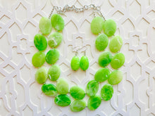 Load image into Gallery viewer, Lime Green Double Statement Necklace, Chunky Jewelry Big Beaded Necklace, sunshine neon green Necklace, earrings Jewelry Geometric set