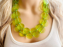 Load image into Gallery viewer, Big Bead Lime Necklace, 2 Strand Statement Jewelry, light green Chunky bib bridesmaid everyday bubble jewelry evergreen earrings transparent