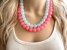 Load image into Gallery viewer, Gumdrop Blue & Pink Beaded Necklace, Colorful Chunky statement, 2 strand thick jewelry, rainbow baby confetti earrings hot pink periwinkle