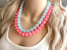 Load image into Gallery viewer, Gumdrop Blue & Pink Beaded Necklace, Colorful Chunky statement, 2 strand thick jewelry, rainbow baby confetti earrings hot pink periwinkle