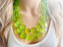 Load image into Gallery viewer, Big Bead Lime Necklace, 3 Strand Statement Jewelry, light green Chunky bib bridesmaid everyday bubble jewelry evergreen earrings