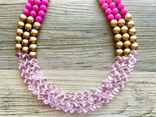 Load image into Gallery viewer, Gold Bubblegum & Blush Diamond Soirée Necklace, Beaded Triple Layer Necklace, bead statement necklace, pink beaded necklace earrings