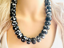Load image into Gallery viewer, Black & White Chunky Statement Necklace single Strand Beaded jewelry, bridesmaid bib wedding, white bubble necklace resin