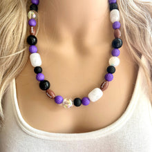 Load image into Gallery viewer, Purple Single Strand Necklace white black Jewelry, Chunky statement purple college football game mom team colors gemstone basketball spirit