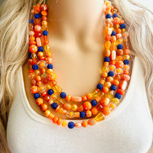 Load image into Gallery viewer, Mercury in Retrograde Orange Chunky Statement Necklace, Royal Blue rhinestone Big bib beaded jewelry, 4 Strand Statement Necklace