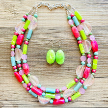 Load image into Gallery viewer, Watermelon Summer OOAK chunky beaded statement necklace, neon pink mint lime raspberry necklace jewelry, beaded vacation necklace