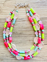 Load image into Gallery viewer, Watermelon Summer OOAK chunky beaded statement necklace, neon pink mint lime raspberry necklace jewelry, beaded vacation necklace