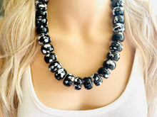 Load image into Gallery viewer, Black & White Chunky Statement Necklace single Strand Beaded jewelry, bridesmaid bib wedding, white bubble necklace resin