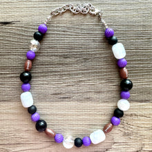 Load image into Gallery viewer, Purple Single Strand Necklace white black Jewelry, Chunky statement purple college football game mom team colors gemstone basketball spirit