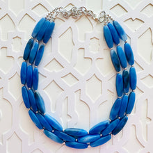 Load image into Gallery viewer, Royal Blue Triple Strand Statement Necklace, Chunky blue tube Beaded Bib Jewelry, blue jewelry, denim blue jewlery necklace silver