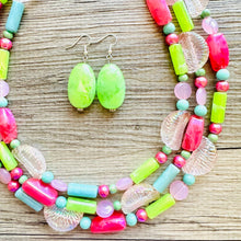 Load image into Gallery viewer, Watermelon Summer OOAK chunky beaded statement necklace, neon pink mint lime raspberry necklace jewelry, beaded vacation necklace