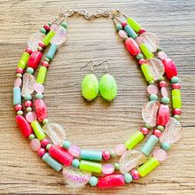 Load image into Gallery viewer, Watermelon Summer OOAK chunky beaded statement necklace, neon pink mint lime raspberry necklace jewelry, beaded vacation necklace