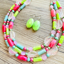 Load image into Gallery viewer, Watermelon Summer OOAK chunky beaded statement necklace, neon pink mint lime raspberry necklace jewelry, beaded vacation necklace
