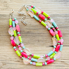 Load image into Gallery viewer, Watermelon Summer OOAK chunky beaded statement necklace, neon pink mint lime raspberry necklace jewelry, beaded vacation necklace