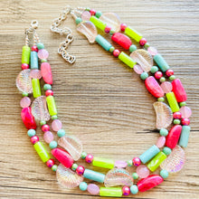 Load image into Gallery viewer, Watermelon Summer OOAK chunky beaded statement necklace, neon pink mint lime raspberry necklace jewelry, beaded vacation necklace