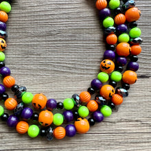 Load image into Gallery viewer, Orange Green Black & Purple Halloween Necklace, Triple strand orange jewelry, jack O Lantern pumpkin chunky big bead statement necklace