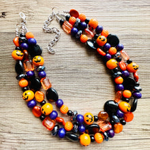 Load image into Gallery viewer, Orange Black & Purple Halloween Necklace, Triple strand orange jewelry, jack O Lantern pumpkin chunky big bead statement necklace
