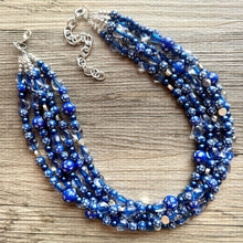 Load image into Gallery viewer, Midnight Rain Necklace, silver & Blue Statement Necklace, 5 strand chunky jewelry, dark blue navy gray periwinkle cadet sparkle glass