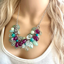 Load image into Gallery viewer, Green & Purple Cluster Necklace, silver and green beaded necklace, holiday jewelry, periwinkle pearl crystal necklace bib statement Necklace
