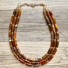 Load image into Gallery viewer, Fall Coffee Statement Necklace, multi strand jewelry, big beaded chunky statement necklace, gold cream brown neutral champagne tan
