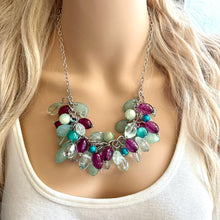 Load image into Gallery viewer, Green & Purple Cluster Necklace, silver and green beaded necklace, holiday jewelry, periwinkle pearl crystal necklace bib statement Necklace