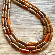 Load image into Gallery viewer, Fall Coffee Statement Necklace, multi strand jewelry, big beaded chunky statement necklace, gold cream brown neutral champagne tan