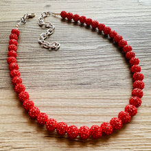 Load image into Gallery viewer, Royal Red Necklace, Red Holiday Jewelry, bright red Jewelry Beaded Christmas Present silver ornament 1 strand rhinestone glass clay necklace