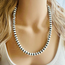 Load image into Gallery viewer, Black & Baby Blue White Statement Necklace single Strand Beaded jewelry, bridesmaid bib wedding striped,geometric layering porcelain beads