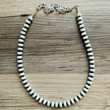Load image into Gallery viewer, Black & Baby Blue White Statement Necklace single Strand Beaded jewelry, bridesmaid bib wedding striped,geometric layering porcelain beads