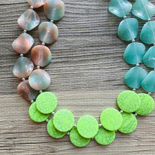 Load image into Gallery viewer, Lime White & Blush Pink Ombre Statement Necklace - Chunky Two Strand Jewelry, matching pink earrings, color block bridesmaid necklace
