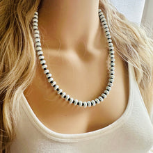 Load image into Gallery viewer, Black & Baby Blue White Statement Necklace single Strand Beaded jewelry, bridesmaid bib wedding striped,geometric layering porcelain beads