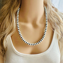 Load image into Gallery viewer, Black & Baby Blue White Statement Necklace single Strand Beaded jewelry, bridesmaid bib wedding striped,geometric layering porcelain beads