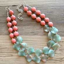 Load image into Gallery viewer, Coral Crackle Aquarium Statement Necklace, big Beaded Chunky Jewelry, Double Strand wedding everyday dress necklace, pink jewelry silver